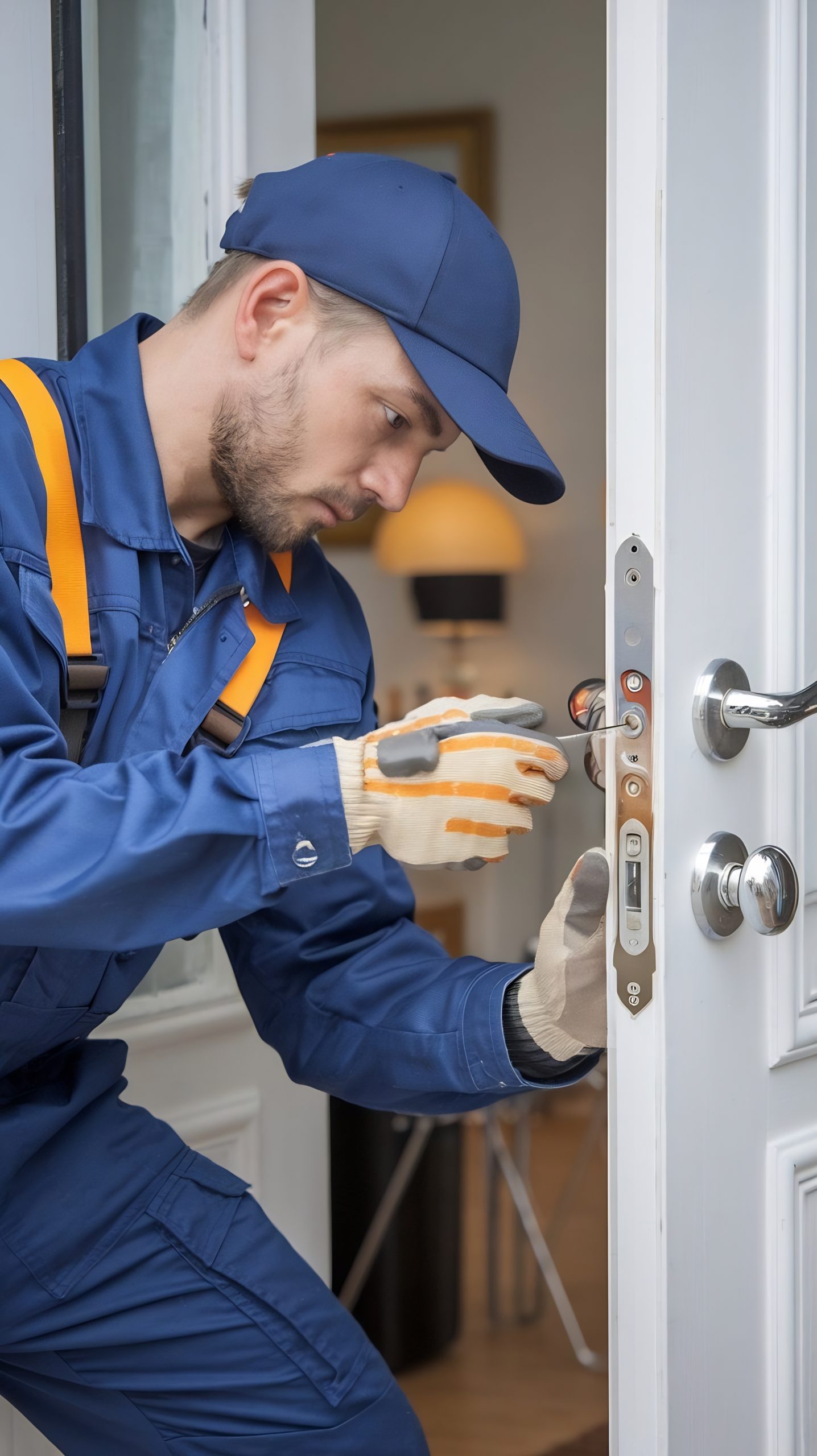 close up locksmith workman uniform installing door knob professional repr service scaled